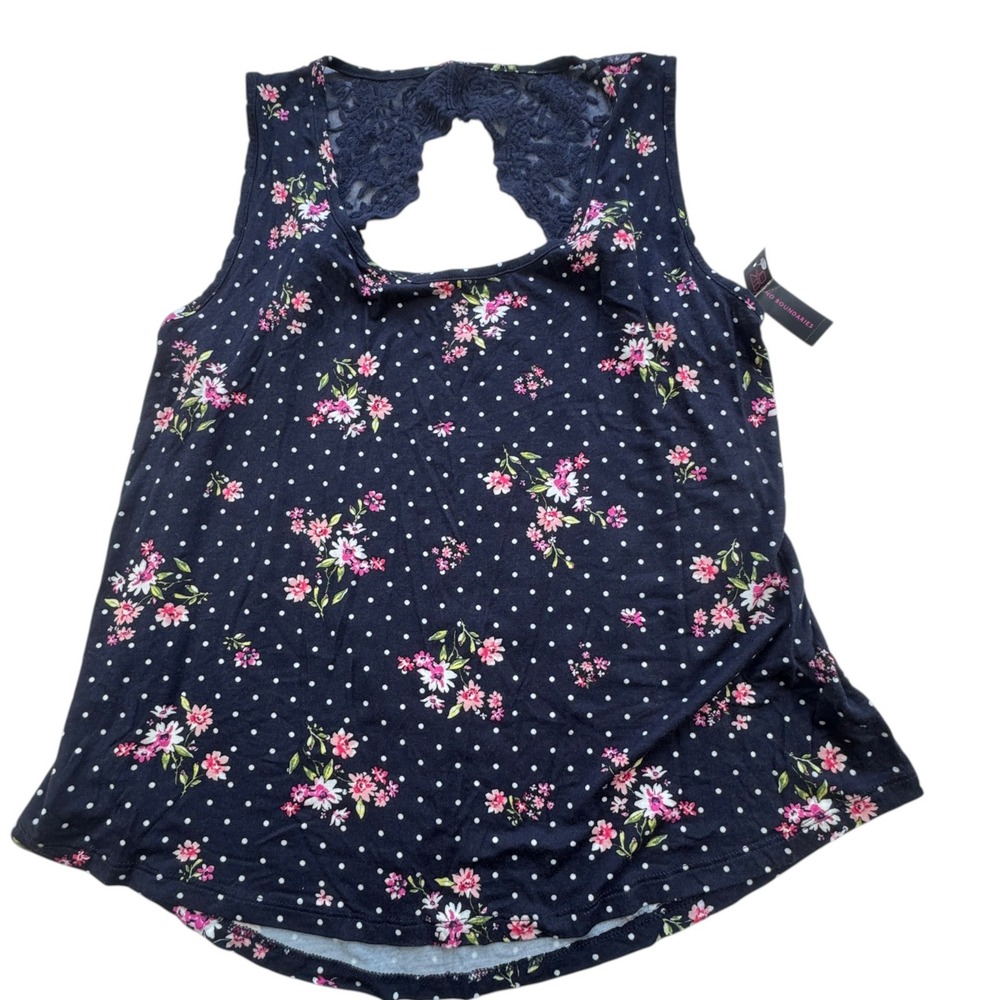 No Boundaries Navy Floral Polka Dot Lace Back Tank Womens XXL 2XG Scoop Neck NWT